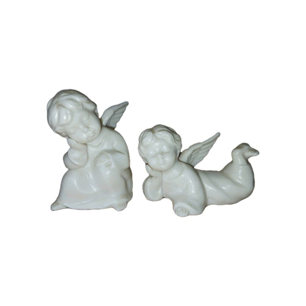 Vintage Schmid Bros 2 Resting Angels Set White Porcelain Figurines -Japan